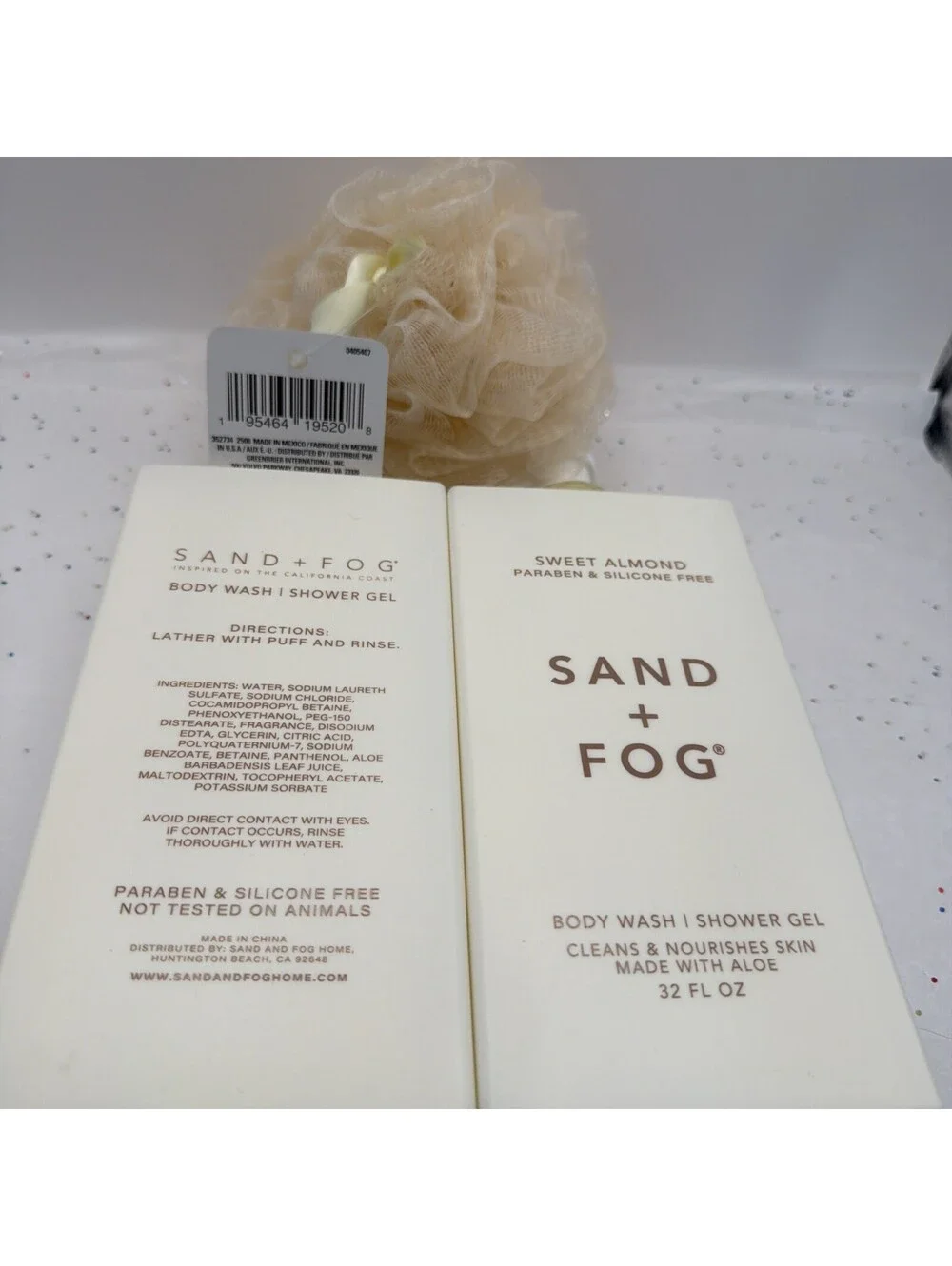 Sand + Fog Sweet Almond Body Wash 32oz 2 Pack Hydrating + Bonus Bath Sponge